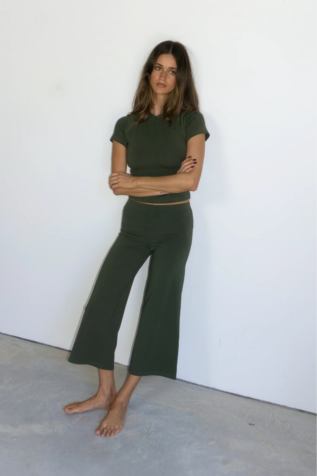 Pinky & Kamal Mid Rise Flare 7 8 Length Khaki