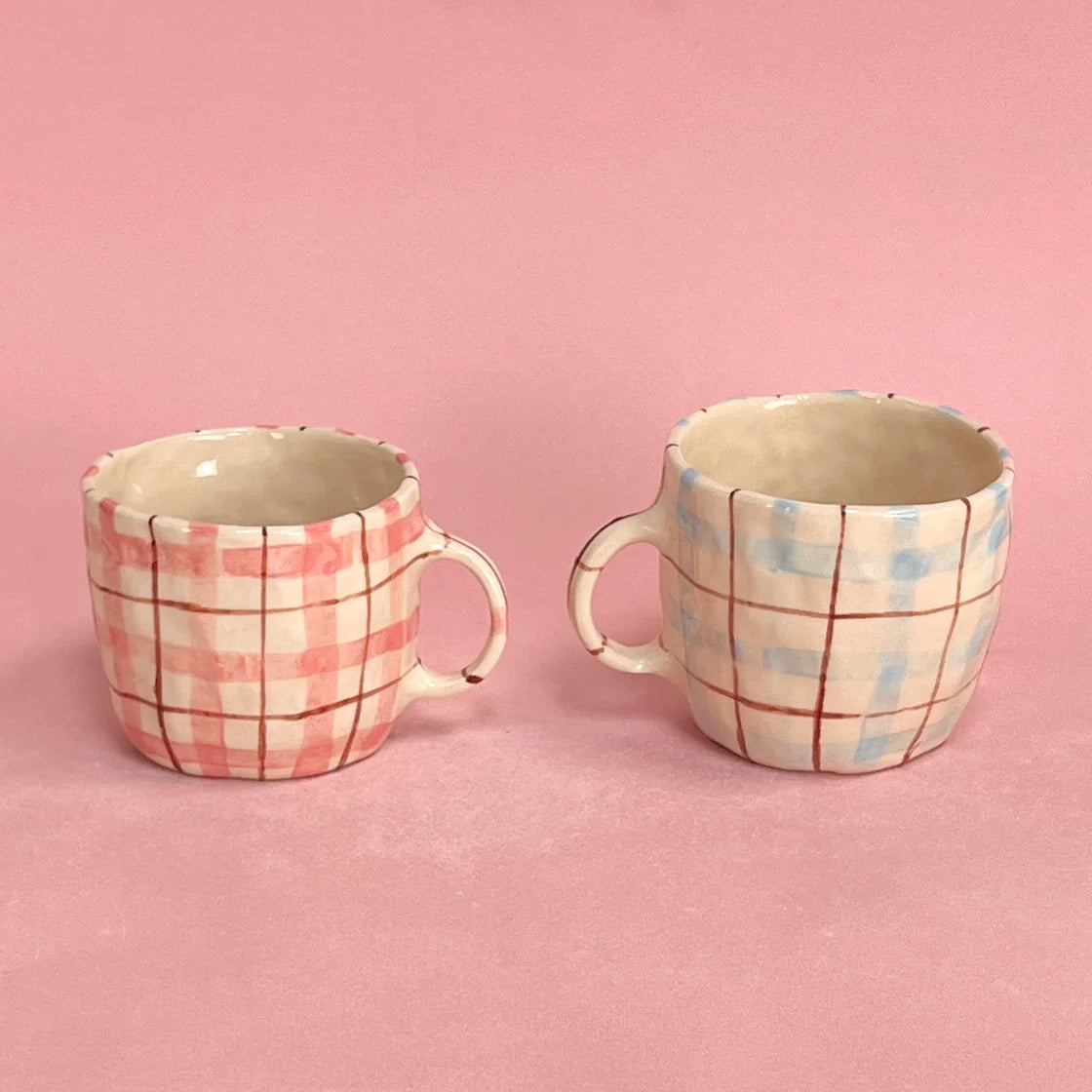 BROWN AND PINK GINGHAM MUG