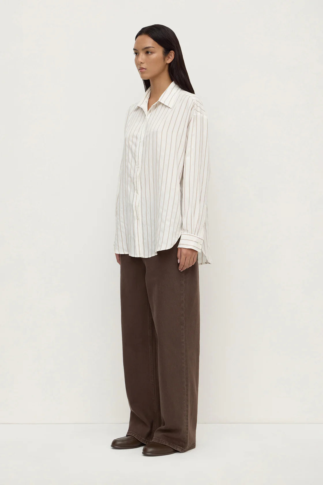 MAEVE LONGLINE SHIRT | TAUPE CREAM STRIPE