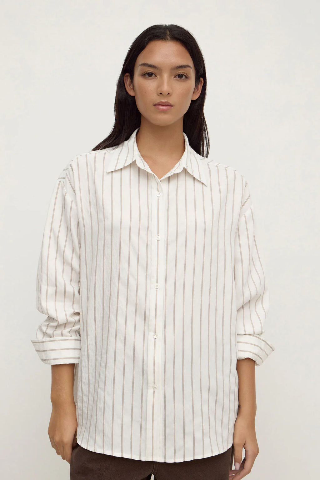MAEVE LONGLINE SHIRT | TAUPE CREAM STRIPE