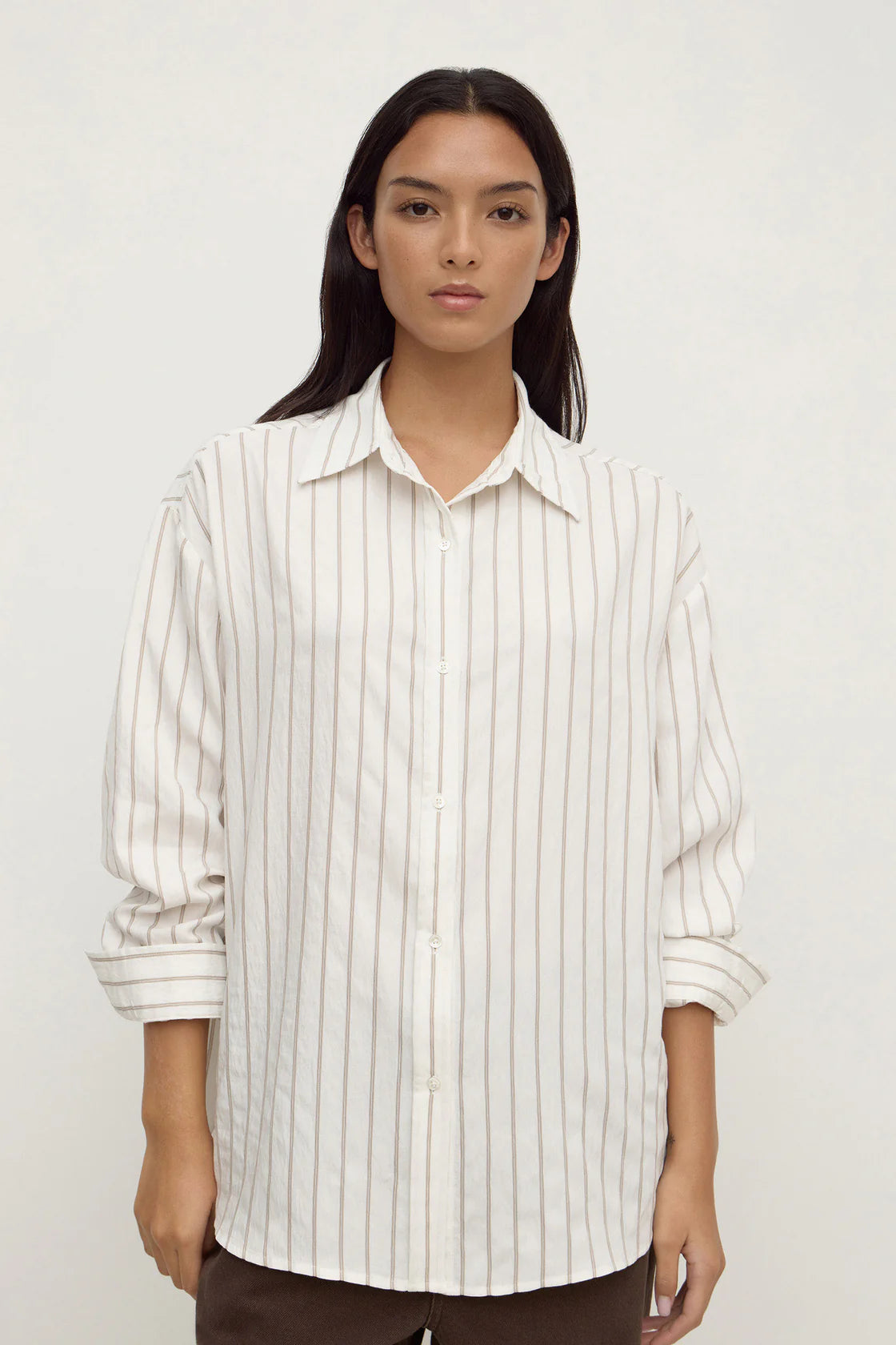 MAEVE LONGLINE SHIRT | TAUPE CREAM STRIPE
