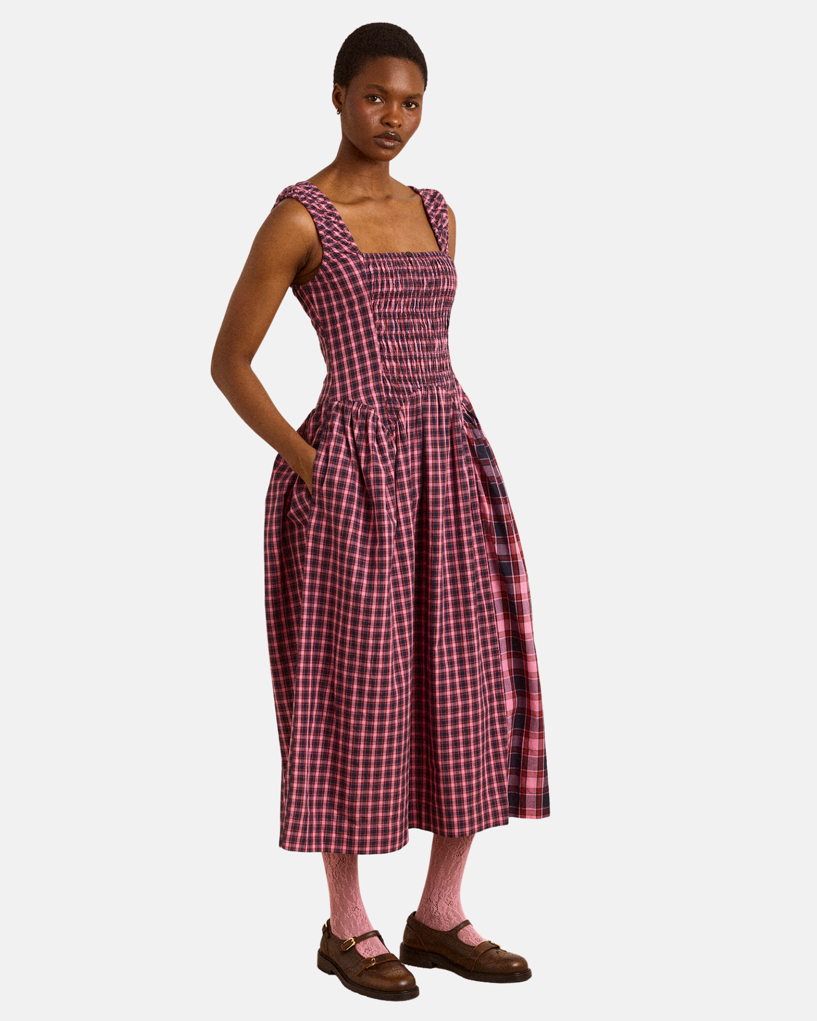 Damson Madder Molly Midi Dress Magenta Check