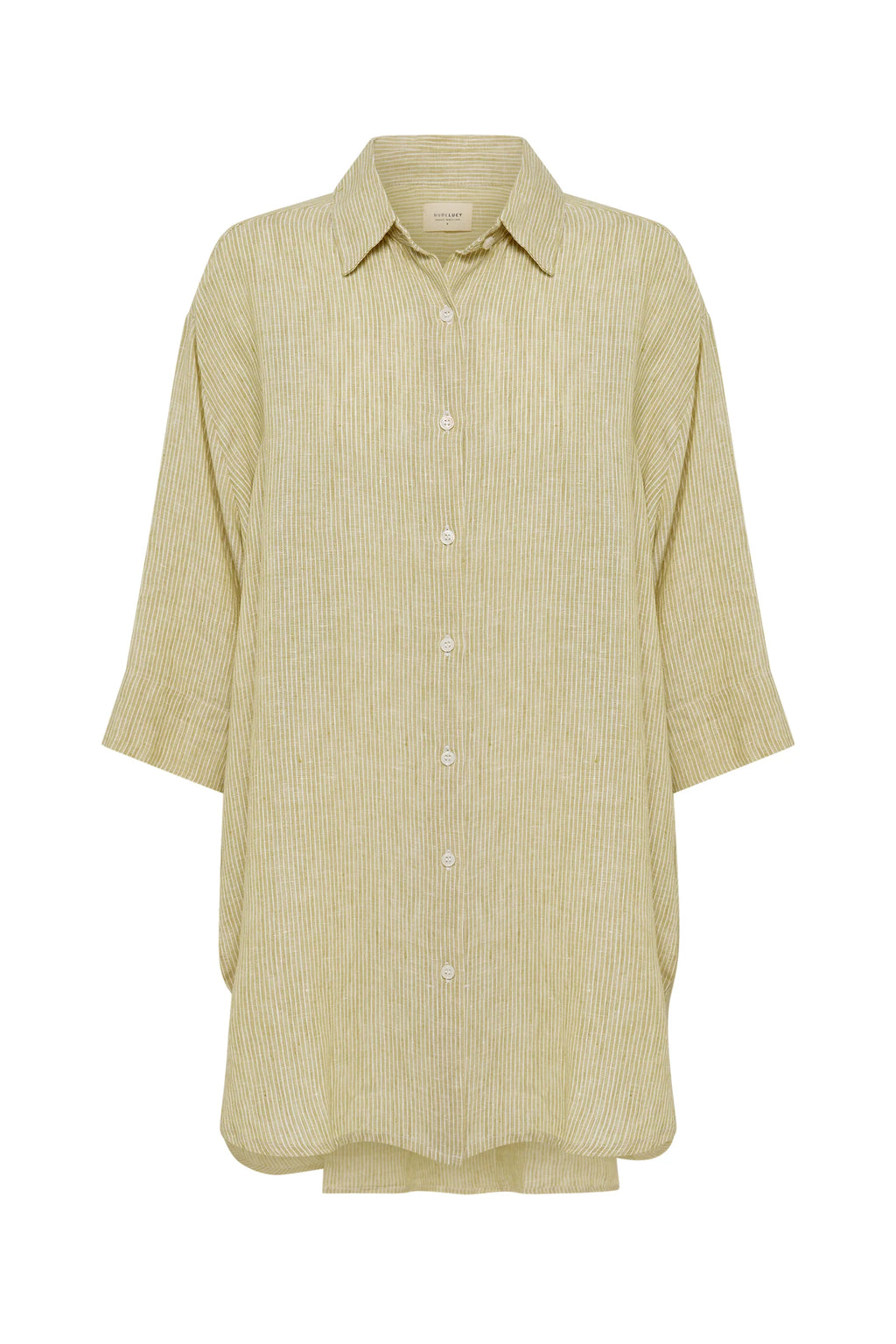 LOUNGE STRIPE LINEN LONG SHIRT | MOSS STRIPE