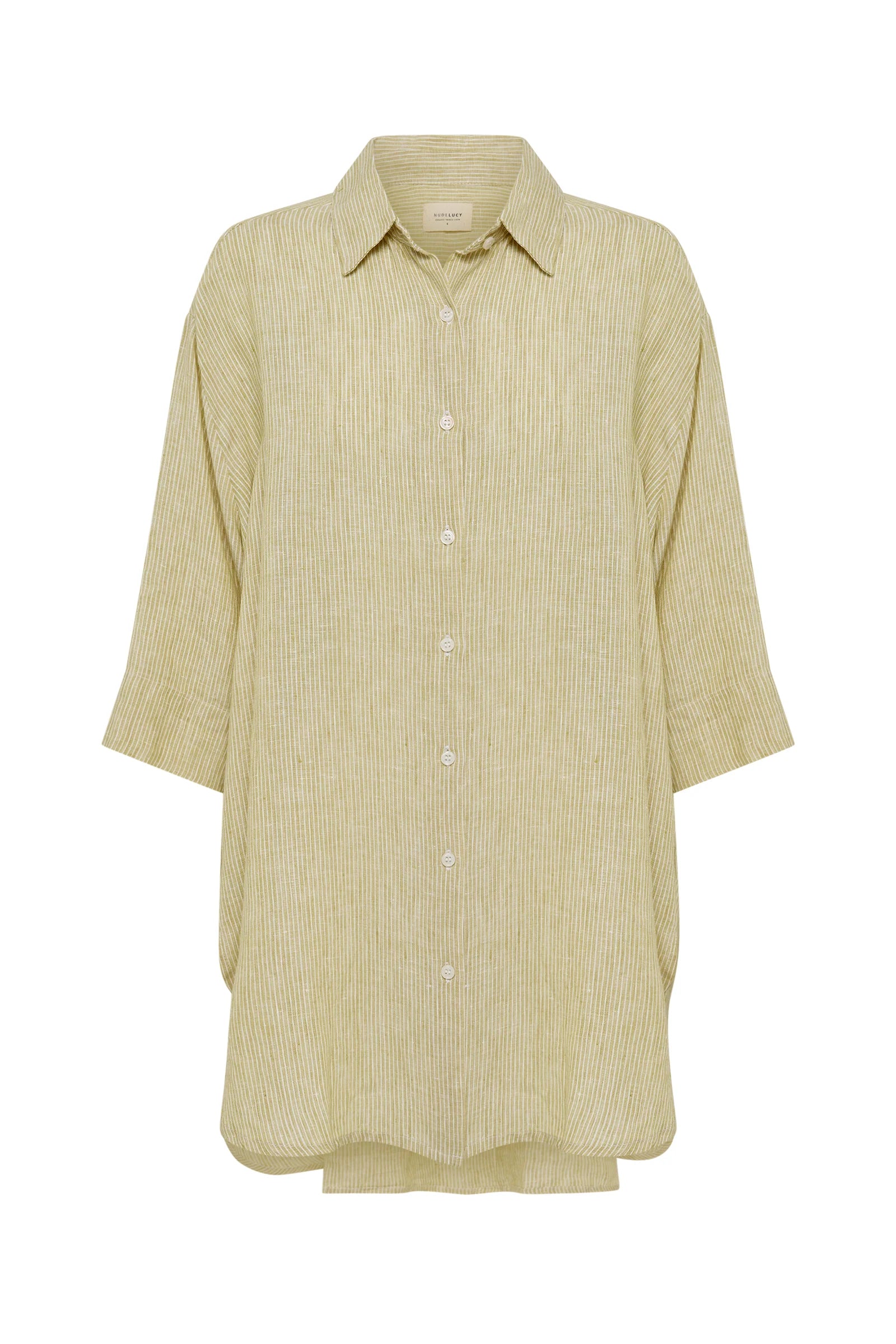 LOUNGE STRIPE LINEN LONG SHIRT | MOSS STRIPE