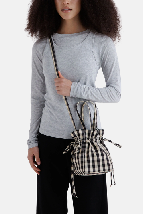 Baggu Nylon Drawstring Bag Black and Cream Gingham