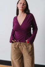LONG SLEEVE WRAP TOP | AUBERGINE