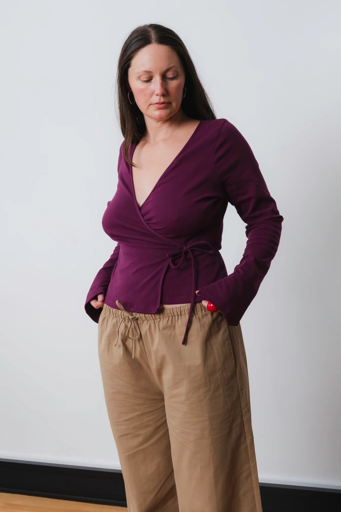 LONG SLEEVE WRAP TOP | AUBERGINE
