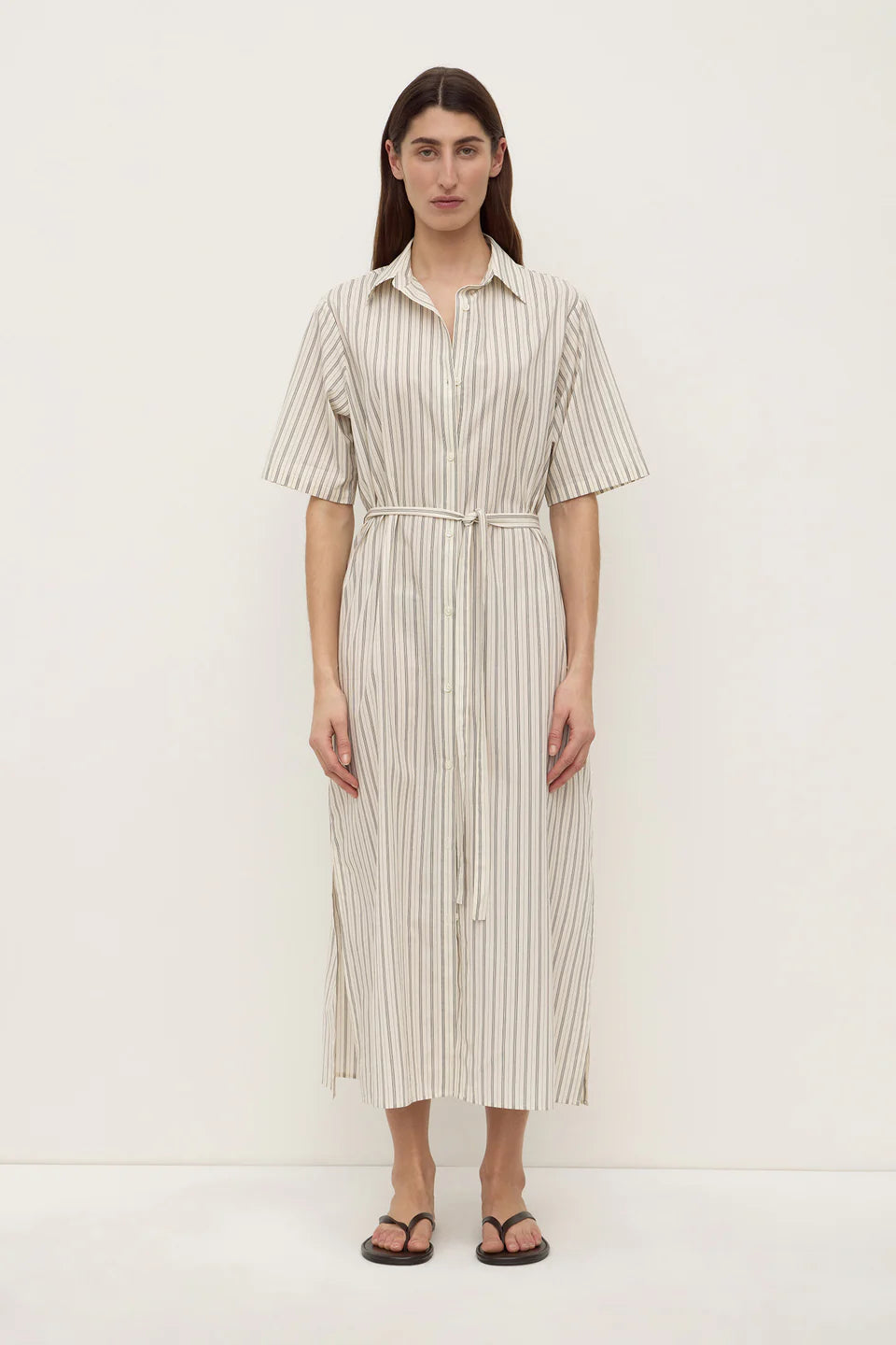 RIA STRIPE MIDI SHIRT DRESS | CREAM/SMOKE