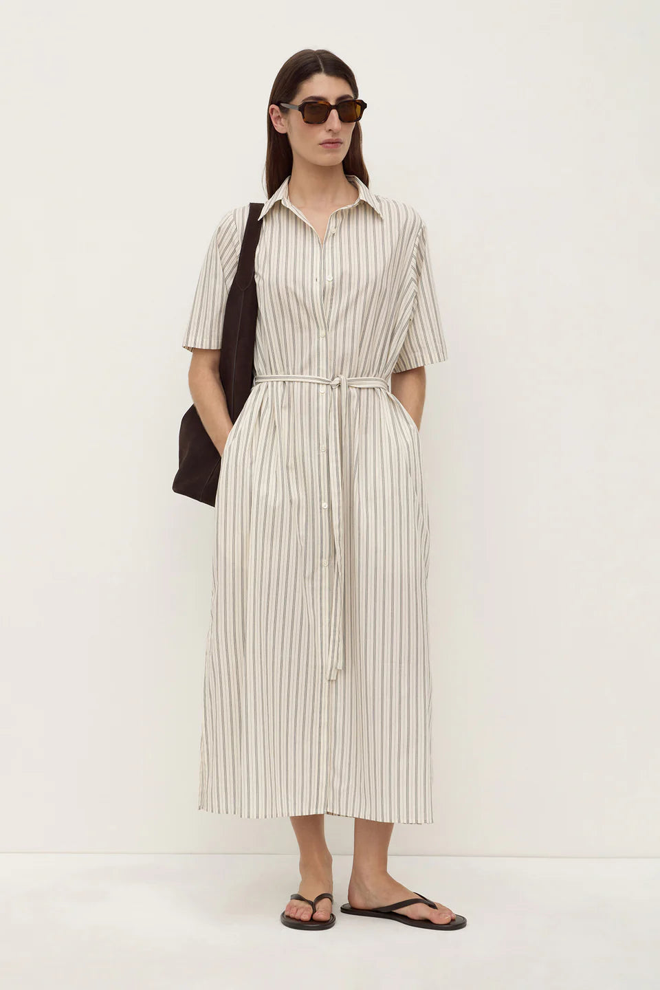 RIA STRIPE MIDI SHIRT DRESS | CREAM/SMOKE