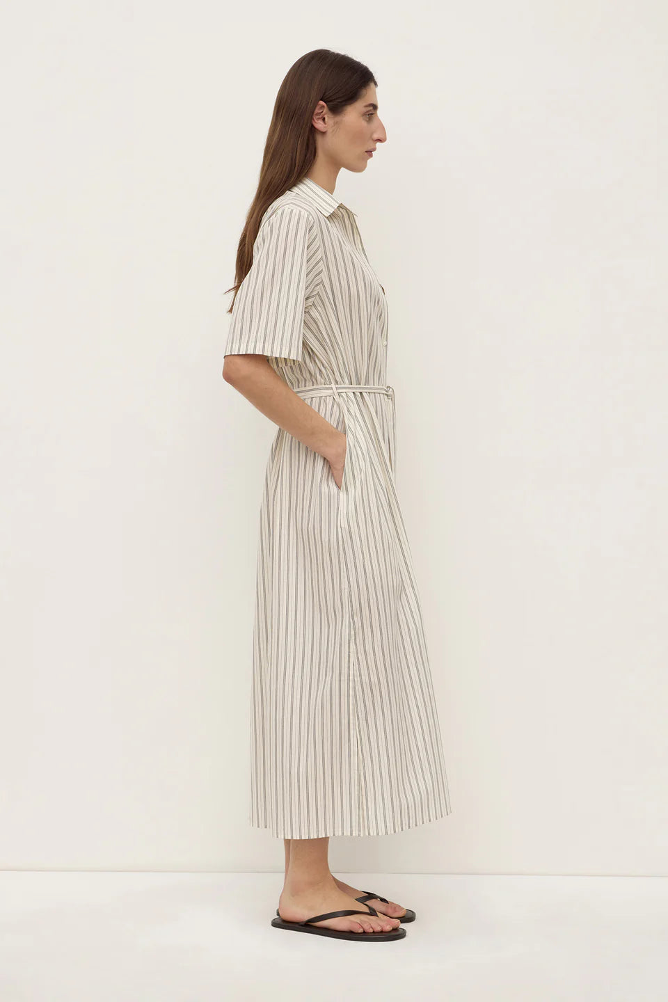 RIA STRIPE MIDI SHIRT DRESS | CREAM/SMOKE