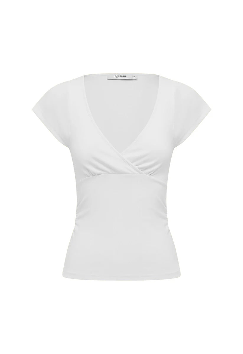 Olga Joan Ruched Plunge Cap Sleeve Top Bianca