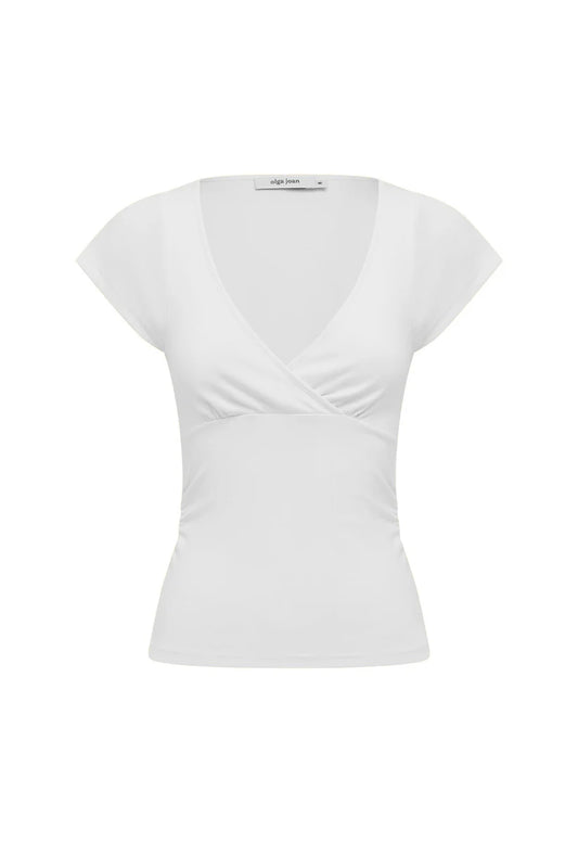 Olga Joan Ruched Plunge Cap Sleeve Top Bianca