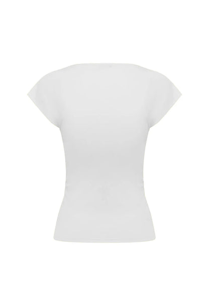 Olga Joan Ruched Plunge Cap Sleeve Top Bianca