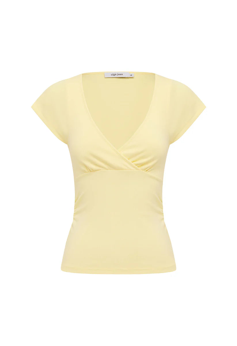 Olga Joan Ruched Plunge Cap Sleeve Top Limone