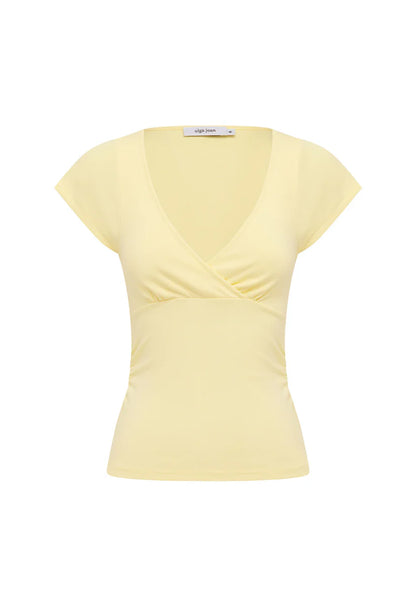 Olga Joan Ruched Plunge Cap Sleeve Top Limone