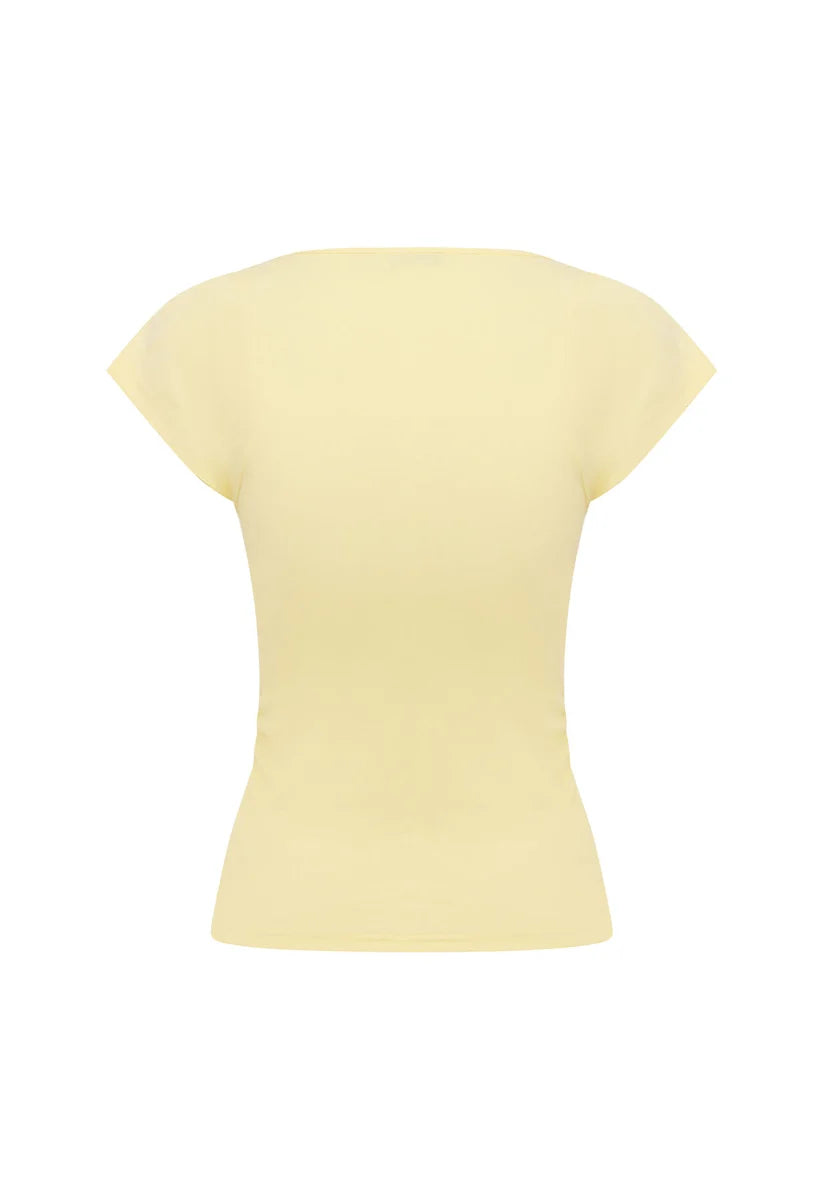 Olga Joan Ruched Plunge Cap Sleeve Top Limone