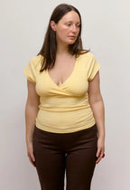Olga Joan Ruched Plunge Cap Sleeve Top Limone