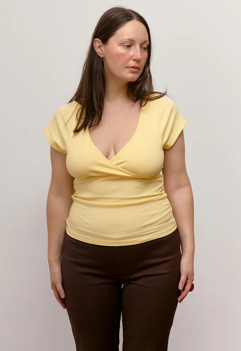 Olga Joan Ruched Plunge Cap Sleeve Top Limone