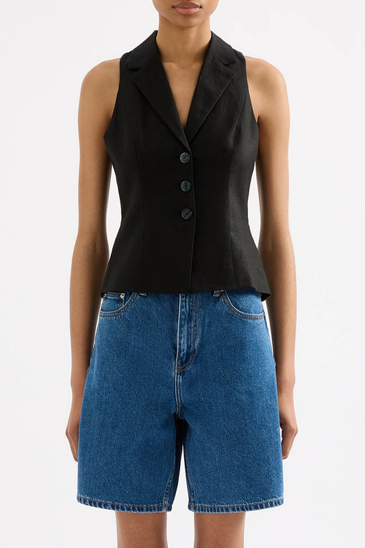 THILDA LINEN VEST | BLACK