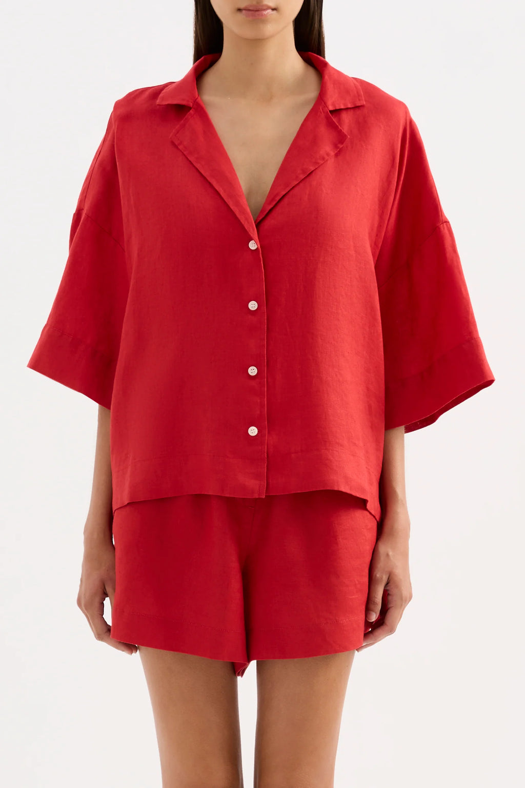 LOUNGE STRIPE LINEN SHIRT | VERMILLION
