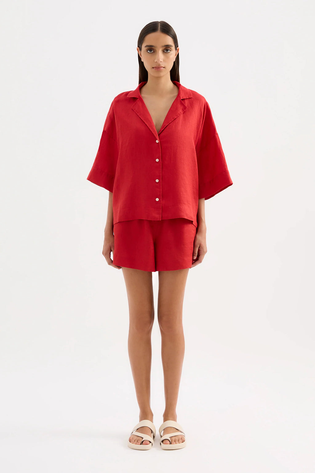 LOUNGE STRIPE LINEN SHIRT | VERMILLION