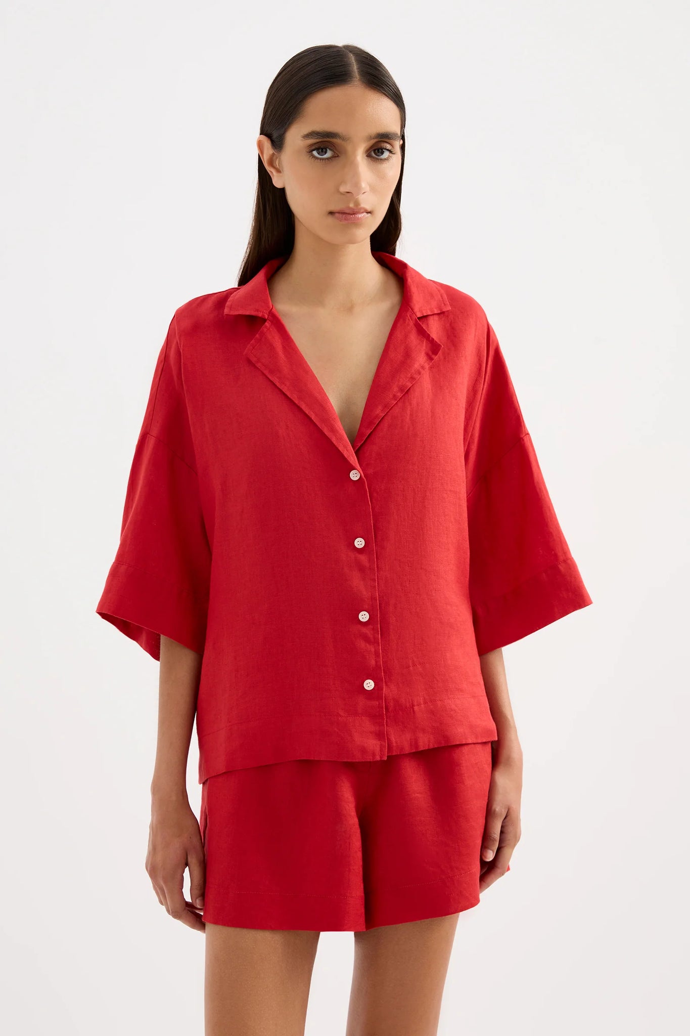 LOUNGE STRIPE LINEN SHIRT | VERMILLION