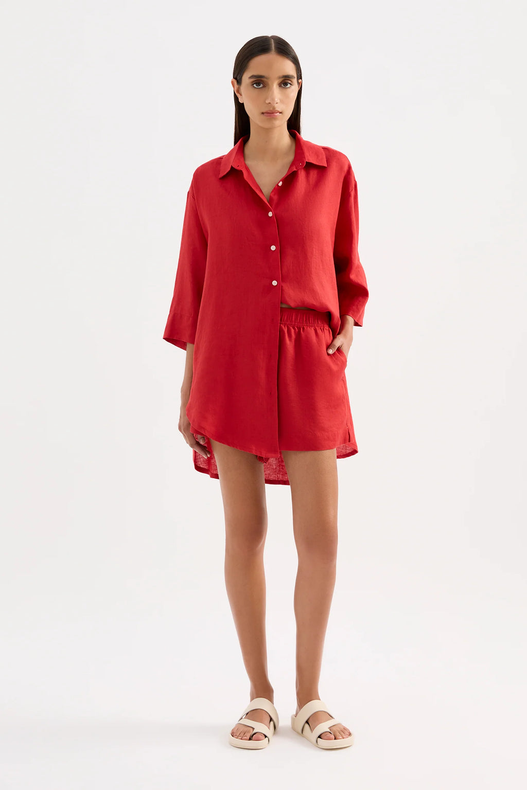 LOUNGE STRIPE LINEN SHORT | VERMILLION