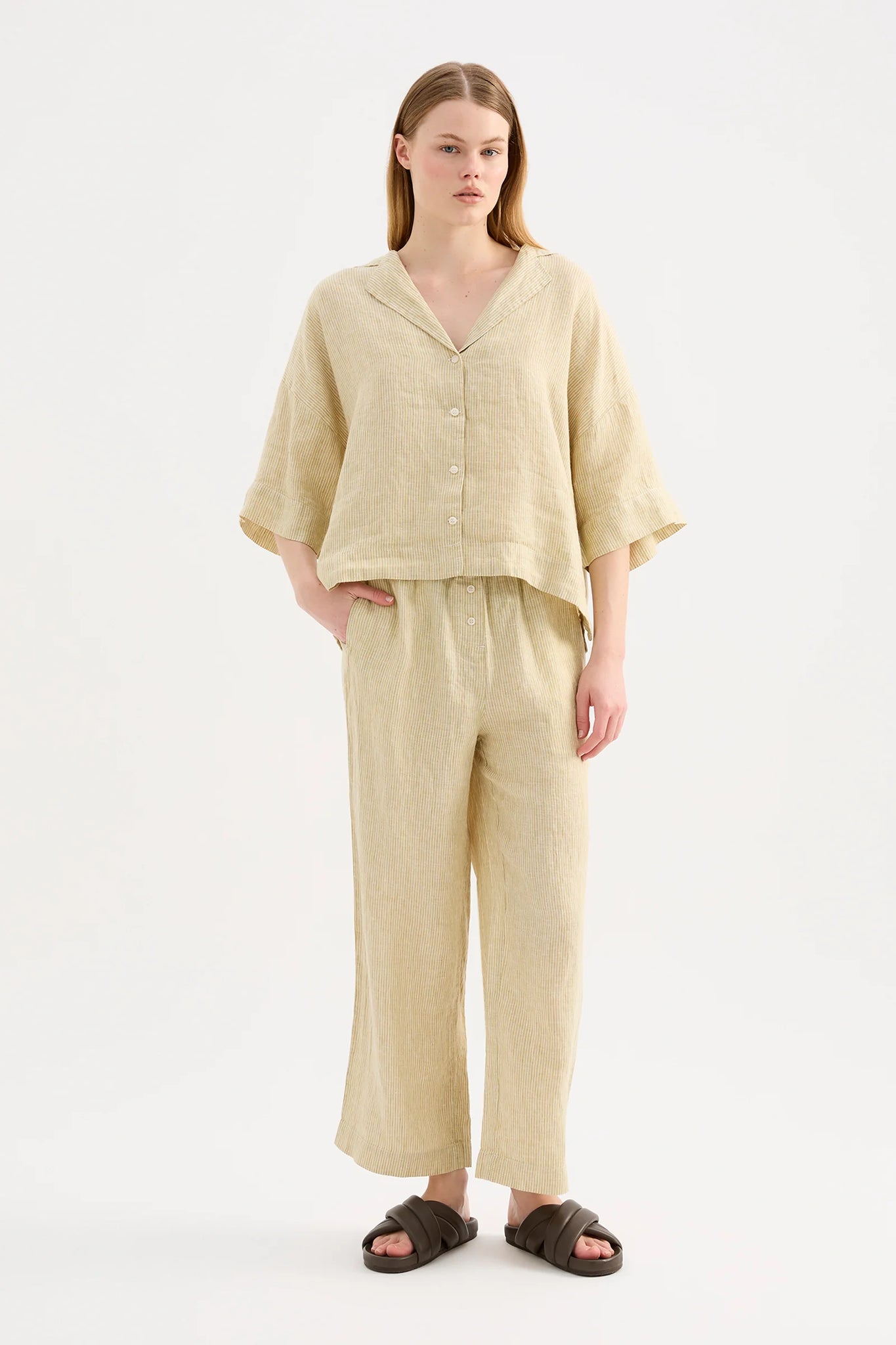 LOUNGE STRIPE LINEN SHIRT | MOSS STRIPE