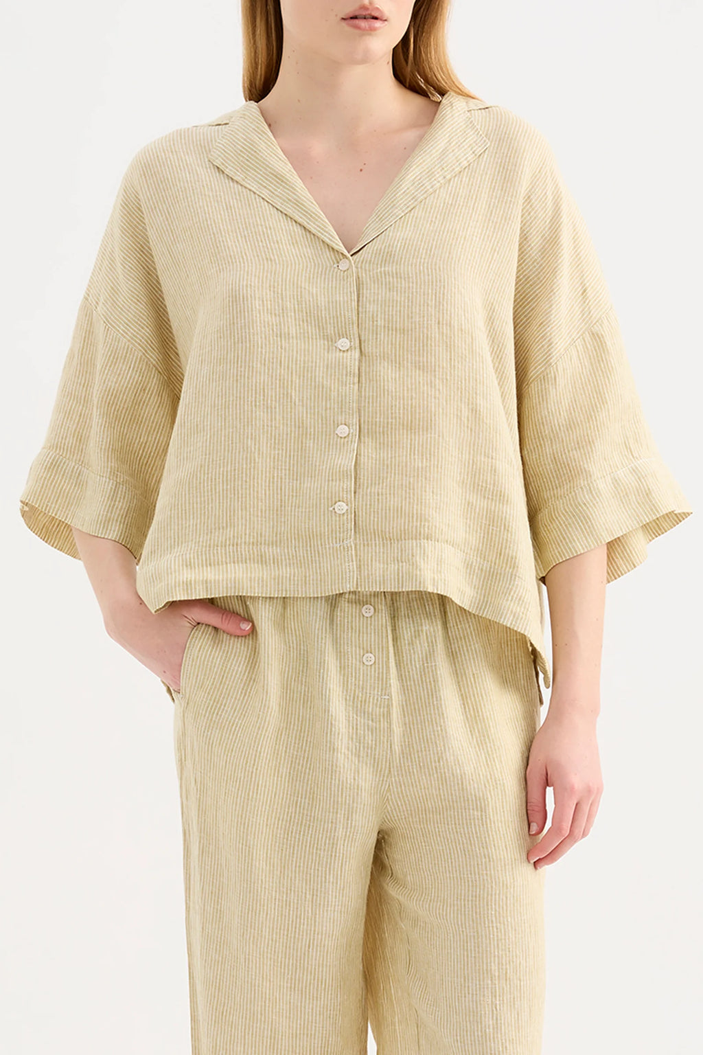 LOUNGE STRIPE LINEN SHIRT | MOSS STRIPE