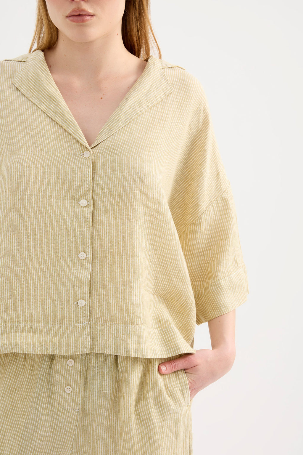 LOUNGE STRIPE LINEN SHIRT | MOSS STRIPE