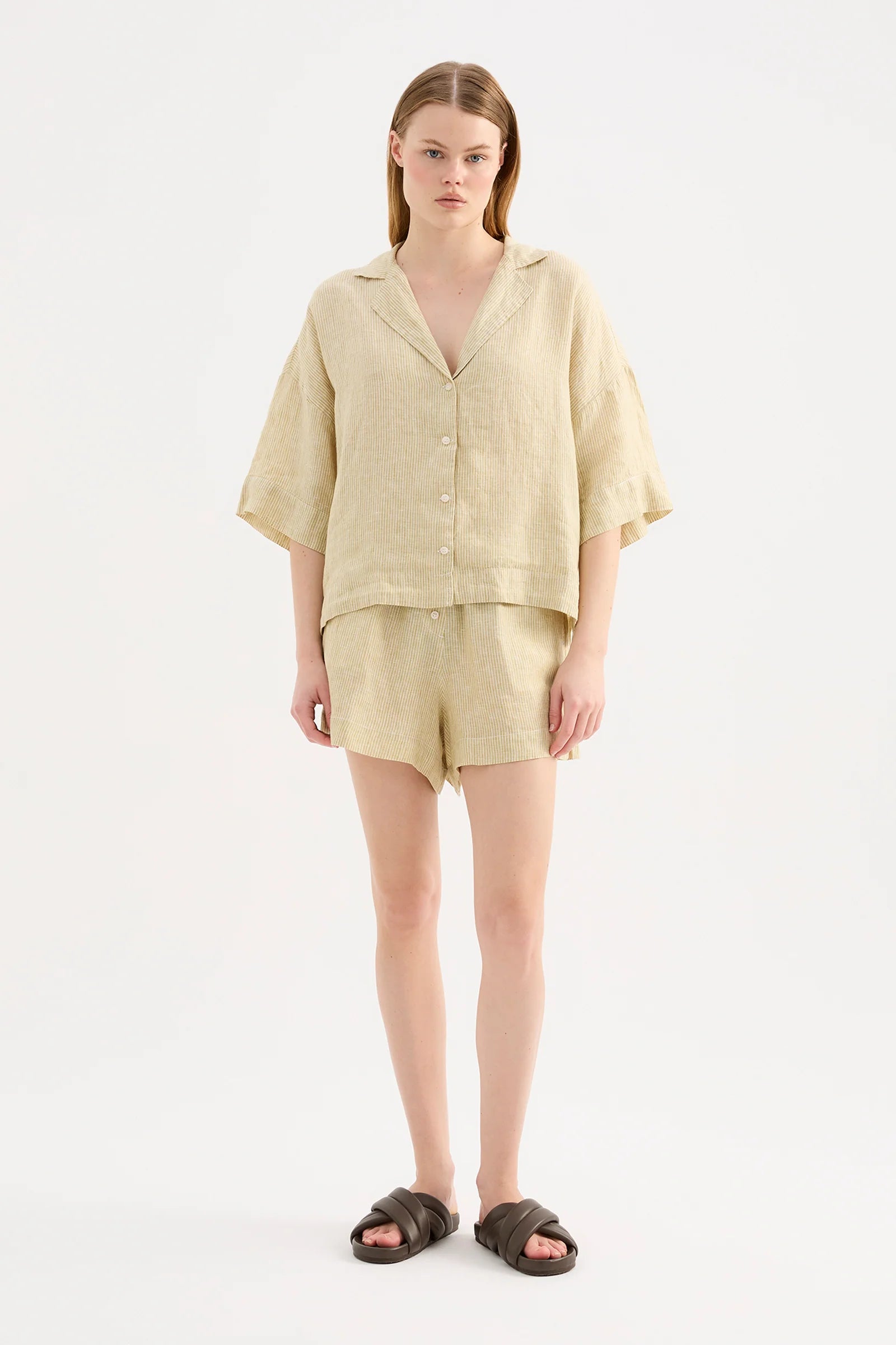 LOUNGE STRIPE LINEN SHORT | MOSS STRIPE