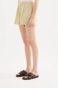 LOUNGE STRIPE LINEN SHORT | MOSS STRIPE
