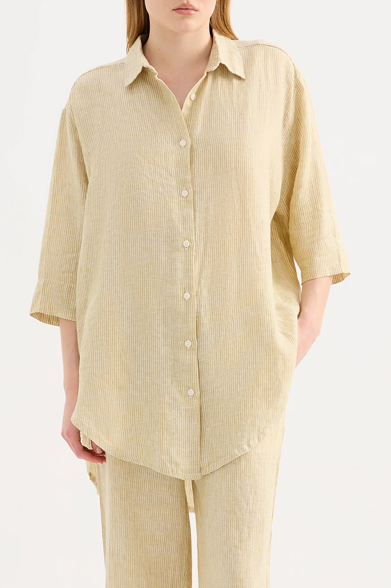 LOUNGE STRIPE LINEN LONG SHIRT | MOSS STRIPE