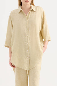 LOUNGE STRIPE LINEN LONG SHIRT | MOSS STRIPE