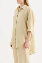 LOUNGE STRIPE LINEN LONG SHIRT | MOSS STRIPE