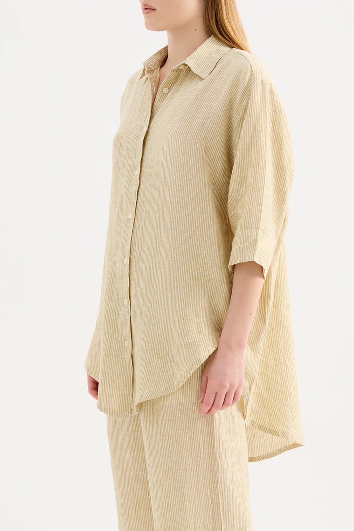 LOUNGE STRIPE LINEN LONG SHIRT | MOSS STRIPE