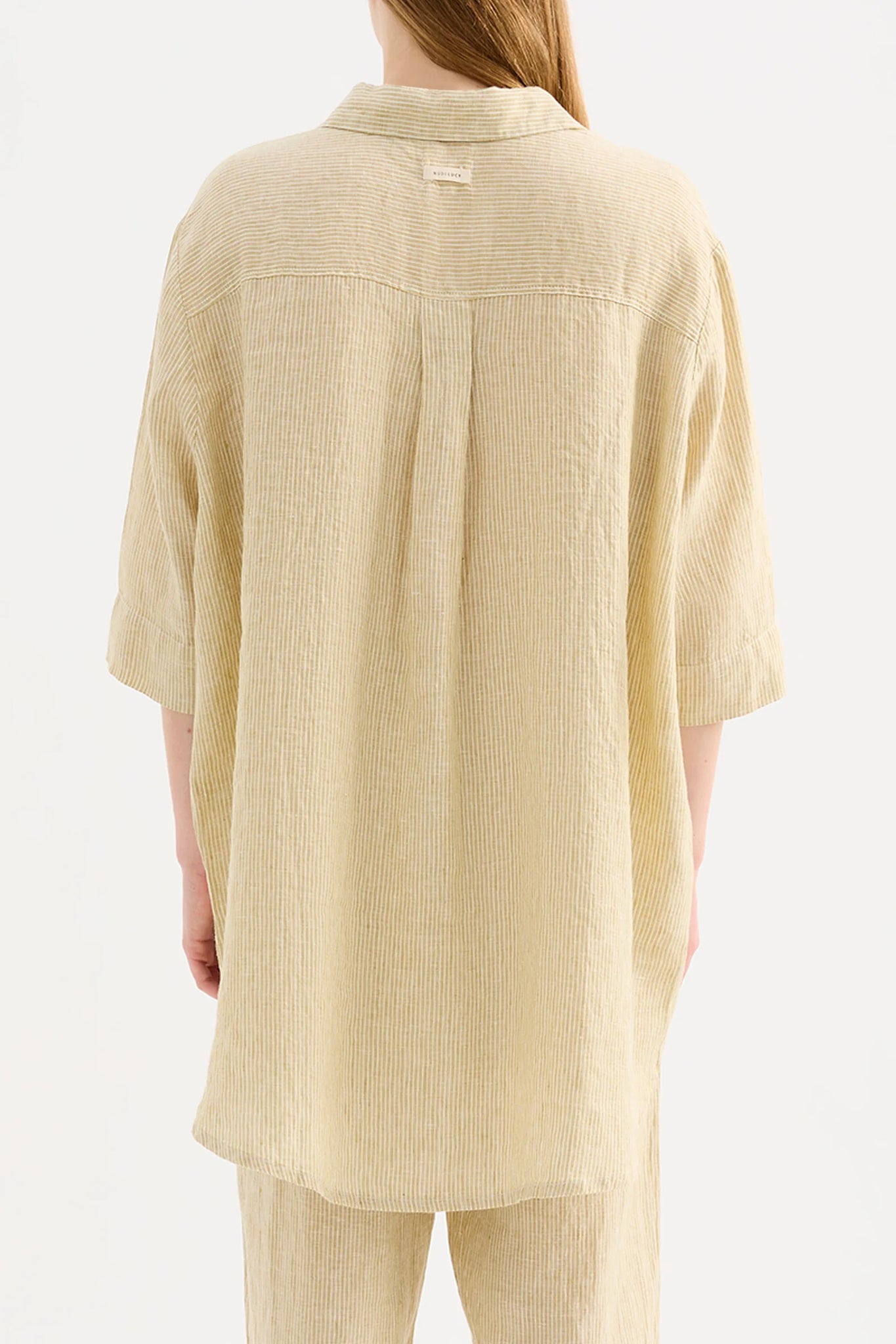 LOUNGE STRIPE LINEN LONG SHIRT | MOSS STRIPE