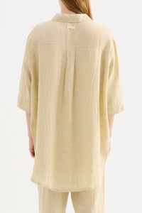 LOUNGE STRIPE LINEN LONG SHIRT | MOSS STRIPE