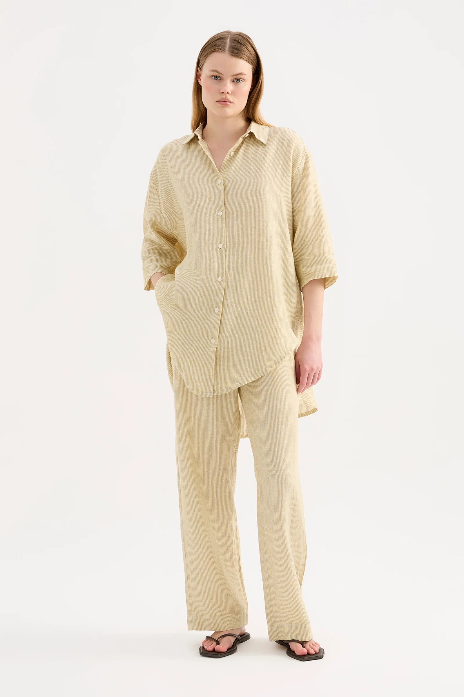 LOUNGE STRIPE LINEN LONG SHIRT | MOSS STRIPE