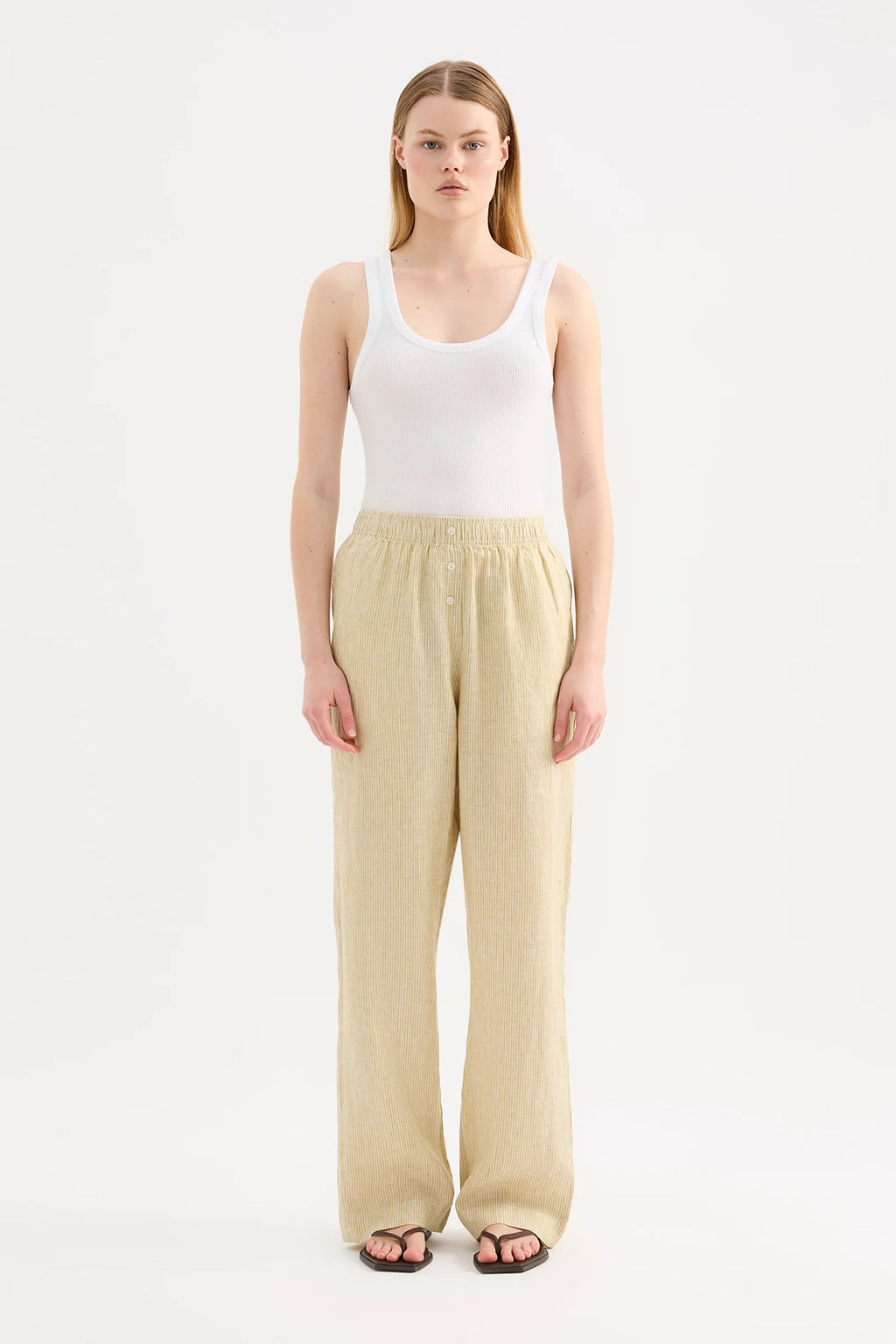 LOUNGE STRIPE LINEN PANT | MOSS STRIPE