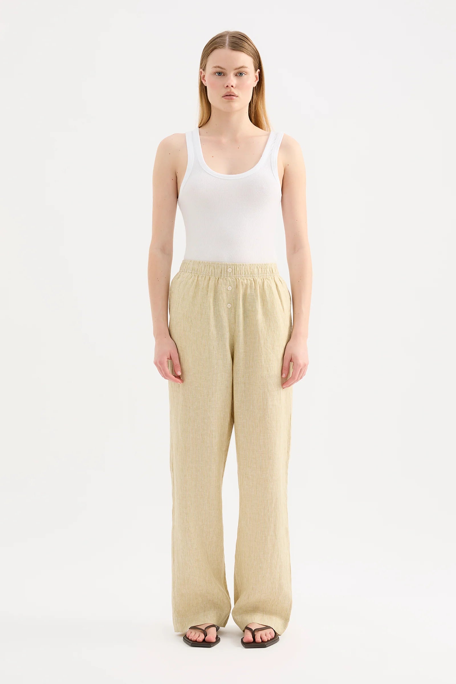 LOUNGE STRIPE LINEN PANT | MOSS STRIPE