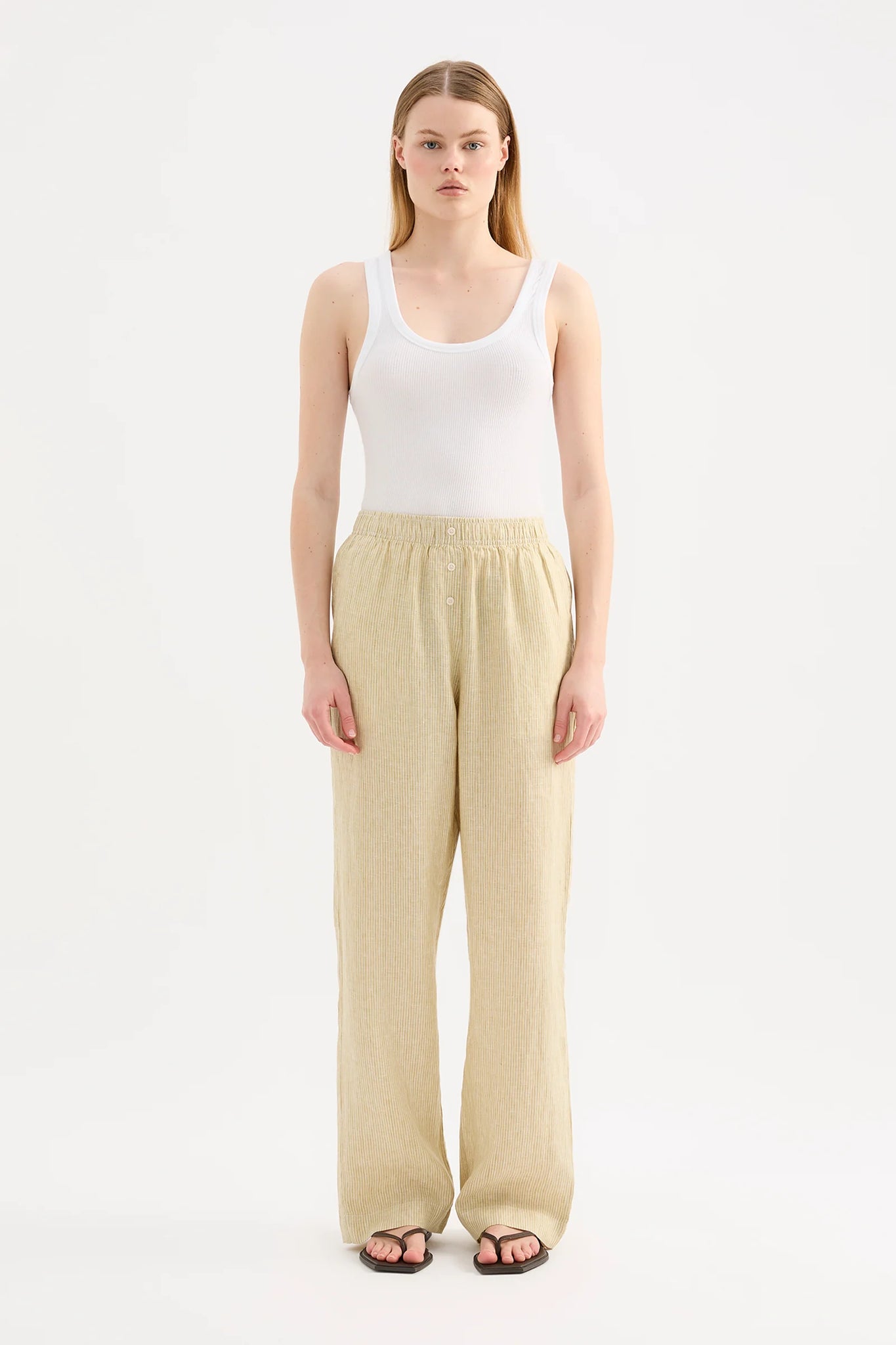 LOUNGE STRIPE LINEN PANT | MOSS STRIPE