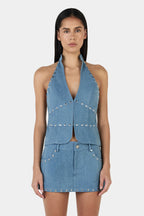 SELMA STUDDED TOP | DENIM BLUE