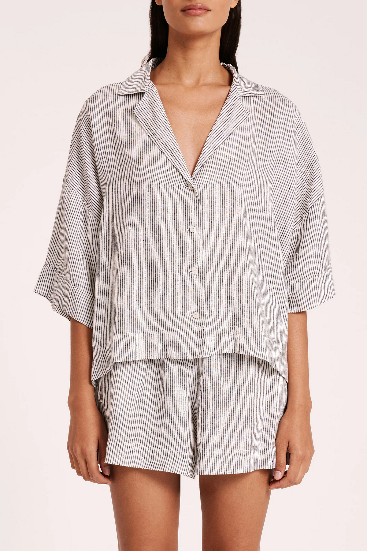 LOUNGE STRIPE LINEN SHIRT | SILVER STRIPE