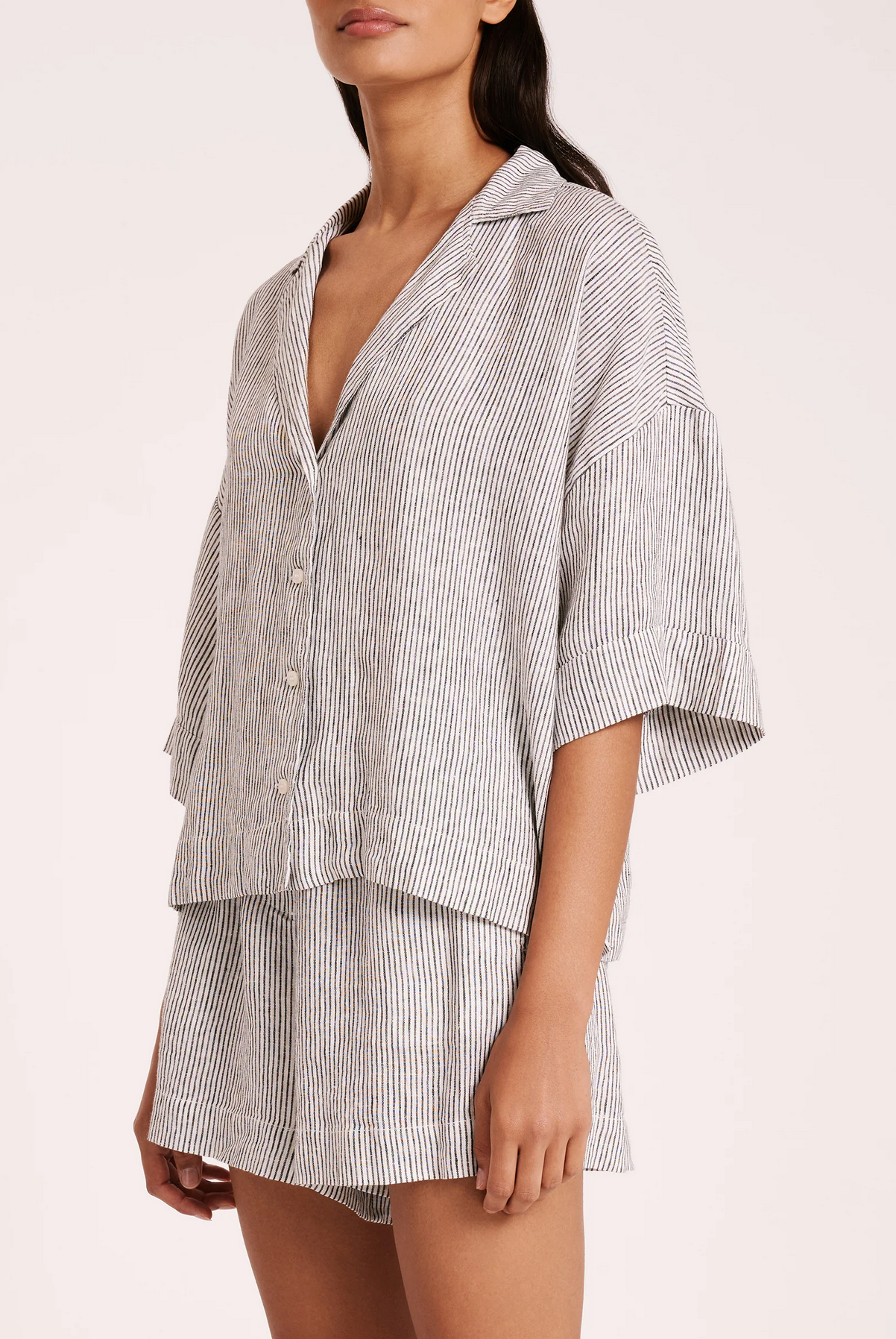 LOUNGE STRIPE LINEN SHIRT | SILVER STRIPE