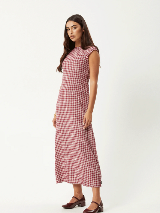 BASE SEERSUCKER MIDI DRESS | BURGUNDY CHECK