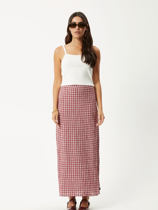 BASE SEERSUCKER MAXI SKIRT | BURGUNDY CHECK