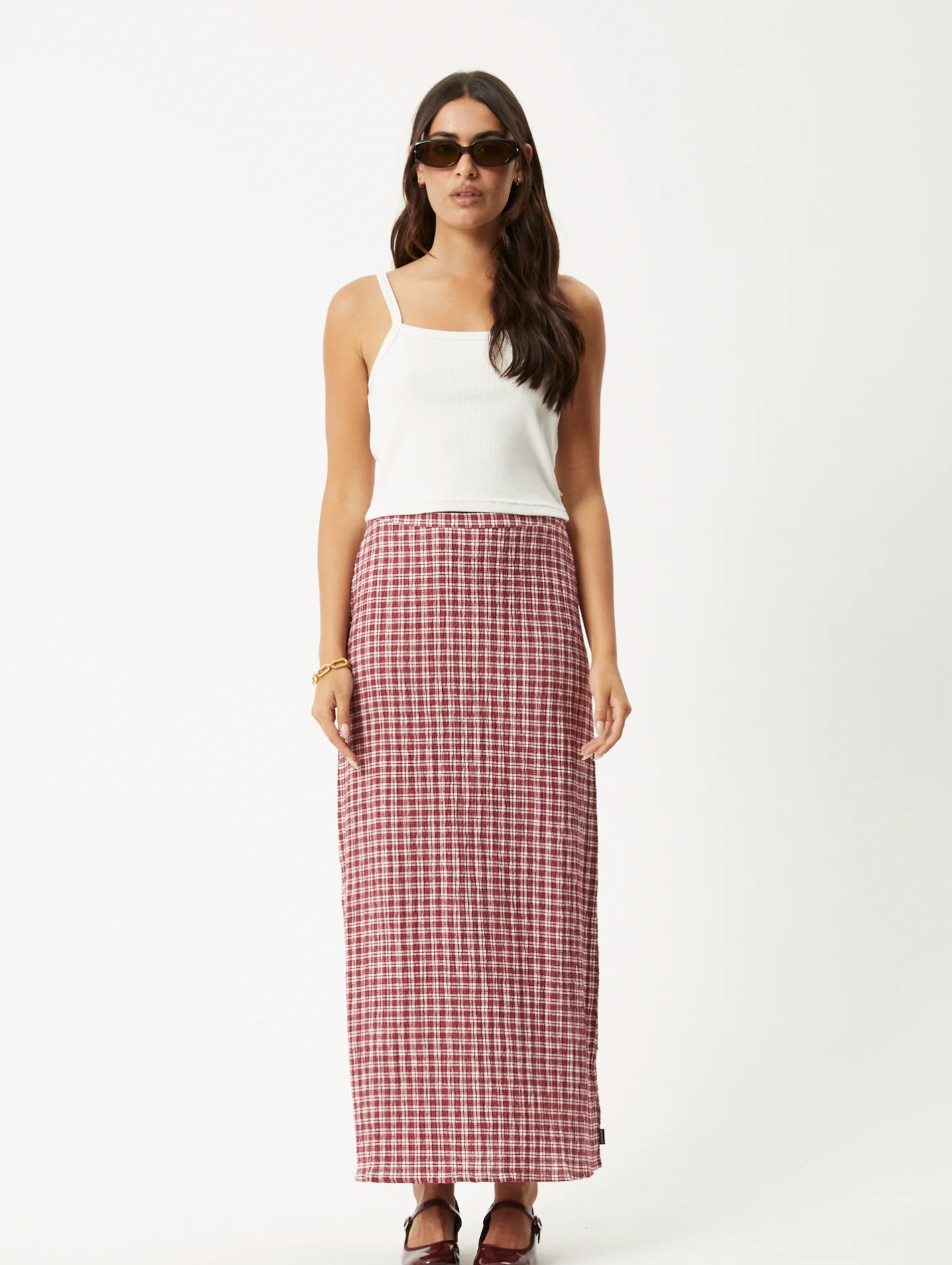 BASE SEERSUCKER MAXI SKIRT | BURGUNDY CHECK
