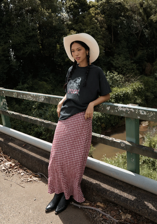 BASE SEERSUCKER MAXI SKIRT | BURGUNDY CHECK