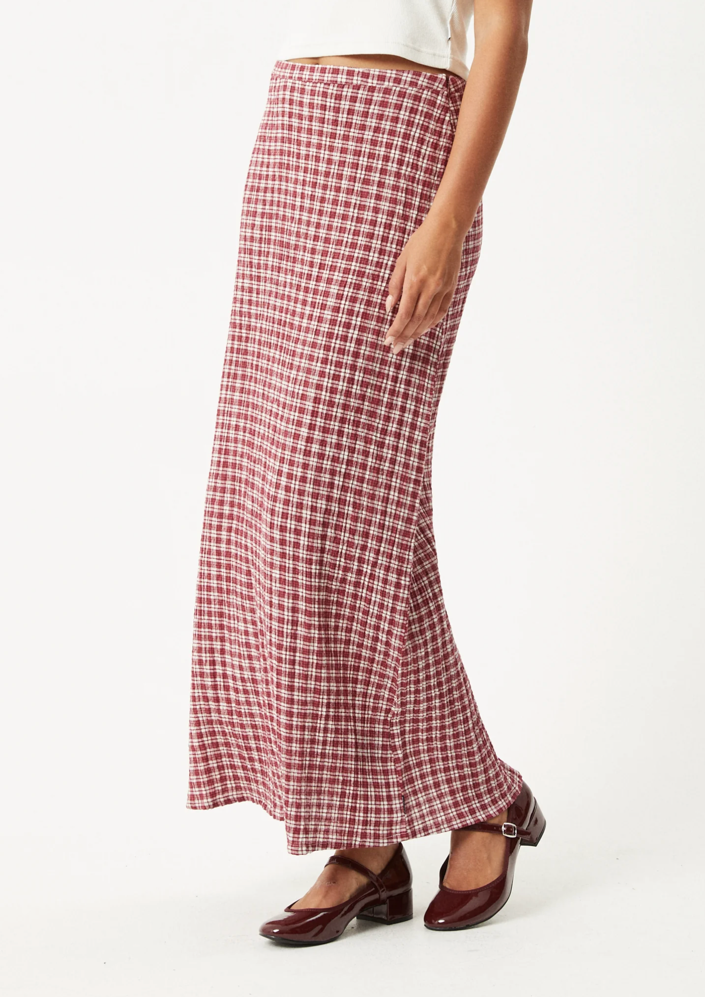 BASE SEERSUCKER MAXI SKIRT | BURGUNDY CHECK